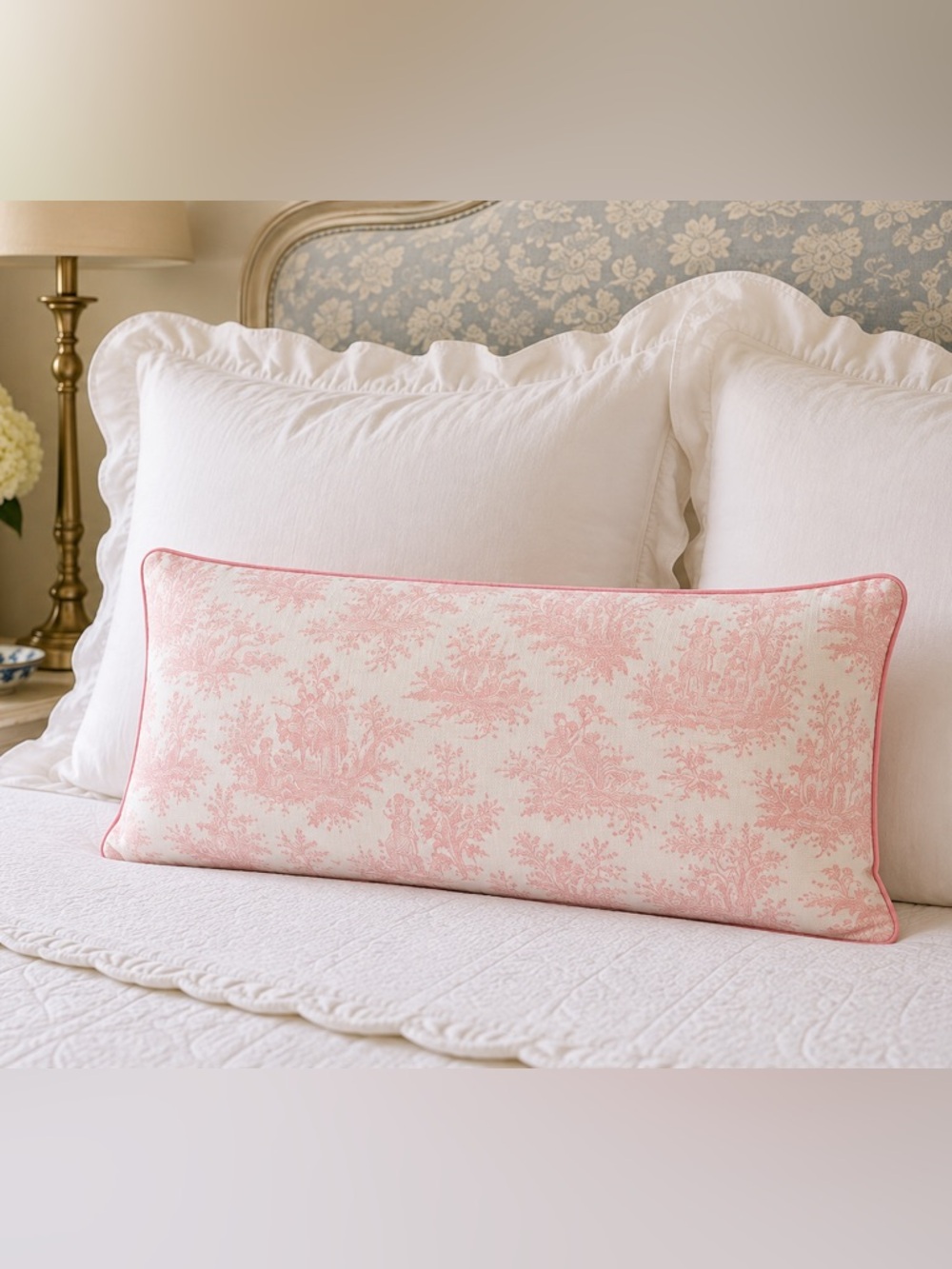 Pink French Toile Lumbar Pillow Cover 22x11 Grandmillennial Cottage Decor